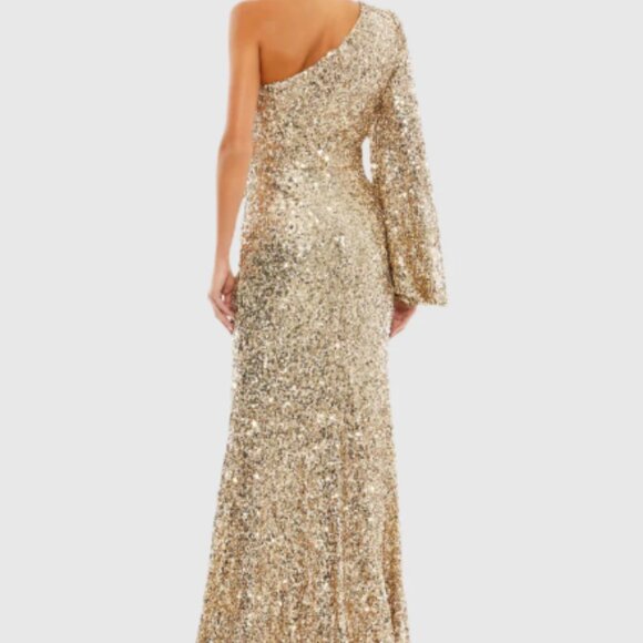 MAC DUGGAL 26717 GOLD SEQUINED ONE SHOULDER BISHOP SLEEVE TRUMPET GOWN sz 10 - Picture 4 of 7